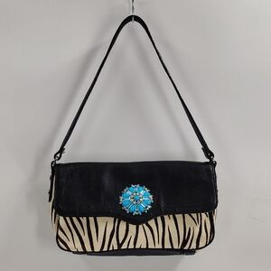 Harolds Vintage Shoulder Bag Zebra Stripe Turquoise Detail Flap Over